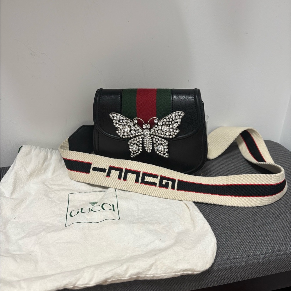 Gucci Linea Totem Black Leather Bag With Crystal Butterfly - Picture 9 of 15